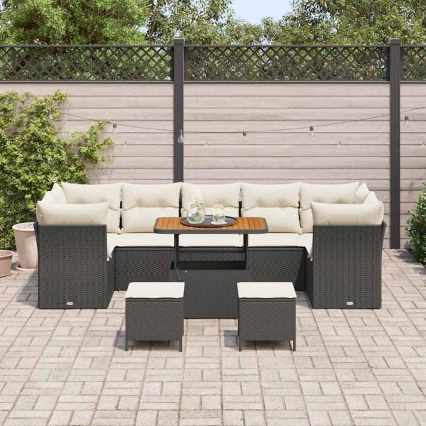 10-teilige Garten Sofa Set mit Kissen Schwarz Poly Rattan Akazie, 3-teiliges Garten Esstisch Set mit Kissen Schwarz Poly Rattan Akazie