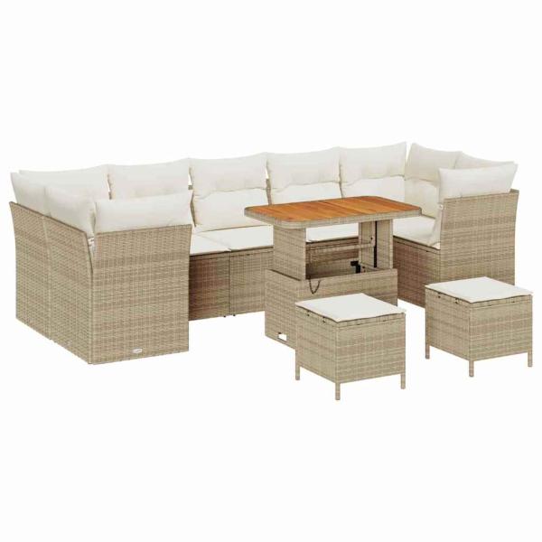 10-teiliges Garten Sofa Set mit Kissen, Beige, Poly Rattan, Akazie, 3-teiliges Garten Ess-Set mit Kissen, Beige, Poly Rattan, Akazie