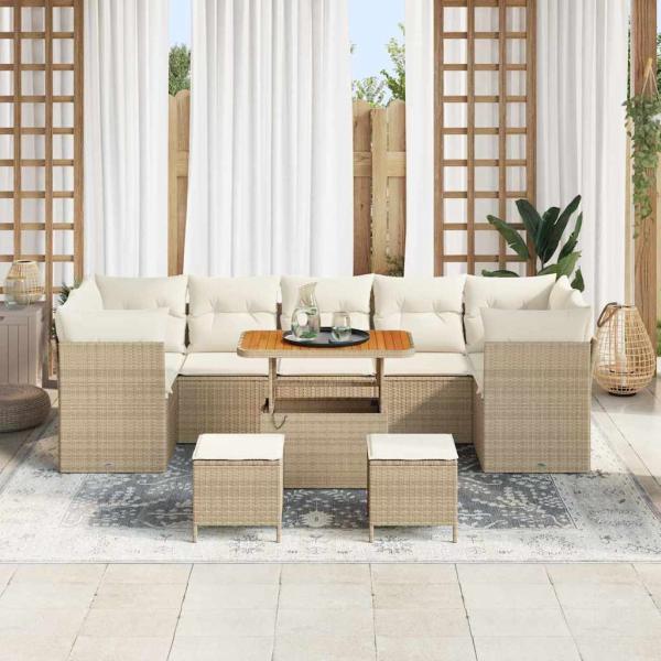 10-teiliges Garten Sofa Set mit Kissen, Beige, Poly Rattan, Akazie, 3-teiliges Garten Ess-Set mit Kissen, Beige, Poly Rattan, Akazie