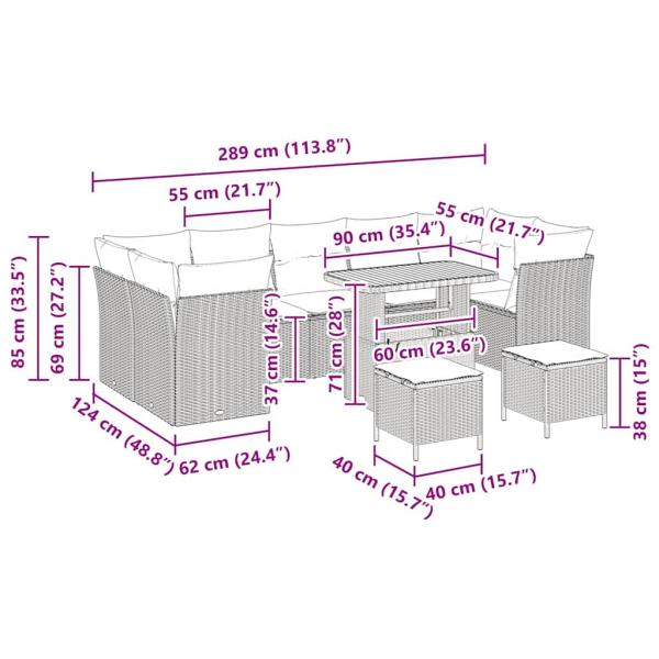 10-teiliges Garten Sofa Set mit Kissen, Beige, Poly Rattan, Akazie, 3-teiliges Garten Ess-Set mit Kissen, Beige, Poly Rattan, Akazie