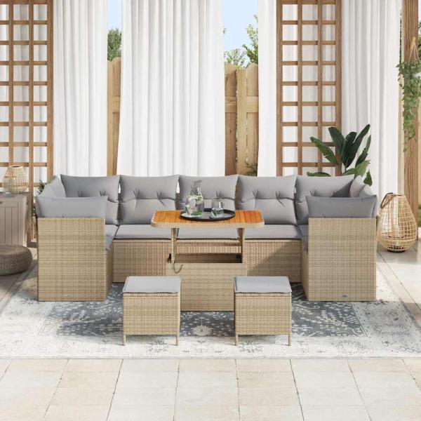 10-teiliges Garten Sofa Set mit Kissen Beige Poly Rattan Akazie, 3-teiliges Garten Essset mit Kissen Beige Poly Rattan Akazie