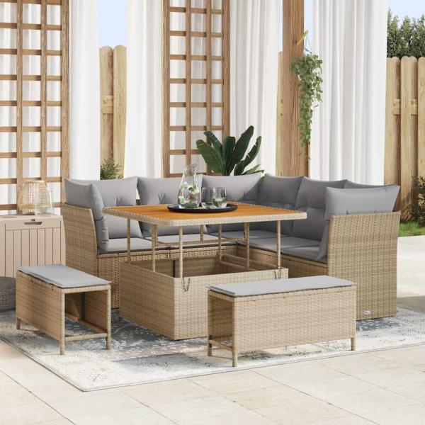 ARDEBO.de - 8-teiliges Garten Sofa Set mit Kissen Beige Poly Rattan Akazie, 3-teiliges Garten Essset mit Kissen Beige Poly Rattan Akazie