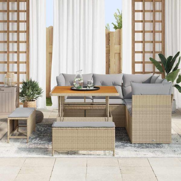 8-teiliges Garten Sofa Set mit Kissen Beige Poly Rattan Akazie, 3-teiliges Garten Essset mit Kissen Beige Poly Rattan Akazie