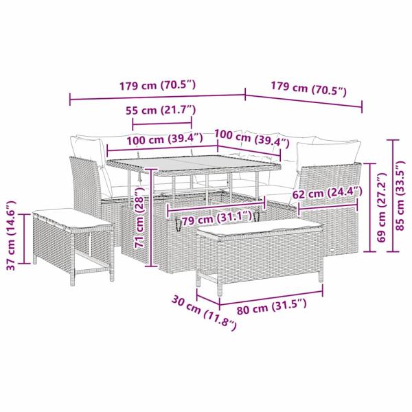 8-teiliges Garten Sofa Set mit Kissen Beige Poly Rattan Akazie, 3-teiliges Garten Essset mit Kissen Beige Poly Rattan Akazie