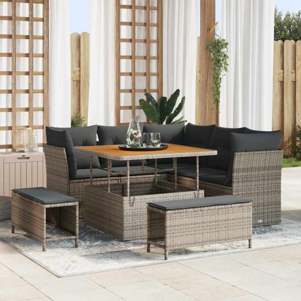 ARDEBO.de - 8-teiliges Garten Sofa Set mit Kissen Grau Poly Rattan Akazie, 3-teiliges Garten Esstisch Set mit Kissen Grau Poly Rattan Akazie