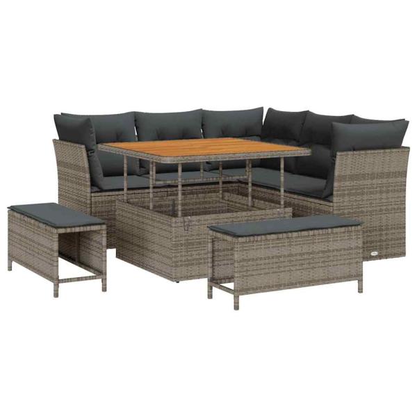 8-teiliges Garten Sofa Set mit Kissen Grau Poly Rattan Akazie, 3-teiliges Garten Esstisch Set mit Kissen Grau Poly Rattan Akazie