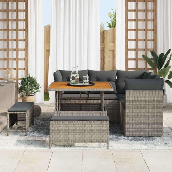 8-teiliges Garten Sofa Set mit Kissen Grau Poly Rattan Akazie, 3-teiliges Garten Esstisch Set mit Kissen Grau Poly Rattan Akazie