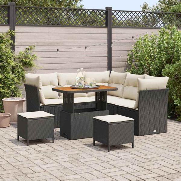 ARDEBO.de - 8-teiliges Garten-Sofa-Set mit Kissen Schwarz Poly Rattan Akazie, 3-teiliges Garten-Esszimmer-Set mit Kissen Schwarz Poly Rattan Akazie