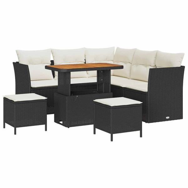 8-teiliges Garten-Sofa-Set mit Kissen Schwarz Poly Rattan Akazie, 3-teiliges Garten-Esszimmer-Set mit Kissen Schwarz Poly Rattan Akazie