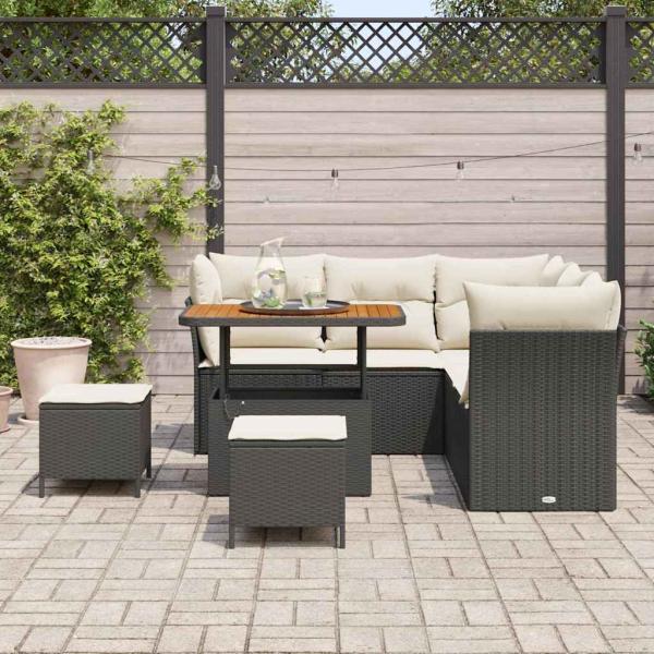 8-teiliges Garten-Sofa-Set mit Kissen Schwarz Poly Rattan Akazie, 3-teiliges Garten-Esszimmer-Set mit Kissen Schwarz Poly Rattan Akazie
