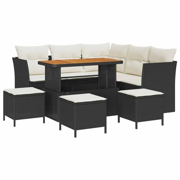 9-teiliges Garten Sofa Set mit Kissen schwarzes Poly Rattan Akazie, 4-teiliges Garten Esszimmerset mit Kissen schwarzes Poly Rattan Akazie