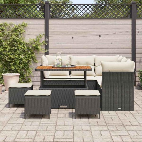 9-teiliges Garten Sofa Set mit Kissen schwarzes Poly Rattan Akazie, 4-teiliges Garten Esszimmerset mit Kissen schwarzes Poly Rattan Akazie