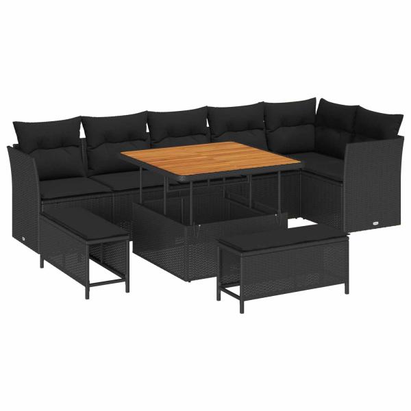 ARDEBO.de - 9-teiliges Garten Sofa Set mit Kissen Schwarz Poly Rattan Akazie, 3-teiliges Garten Esszimmer Set mit Kissen Schwarz Poly Rattan Akazie