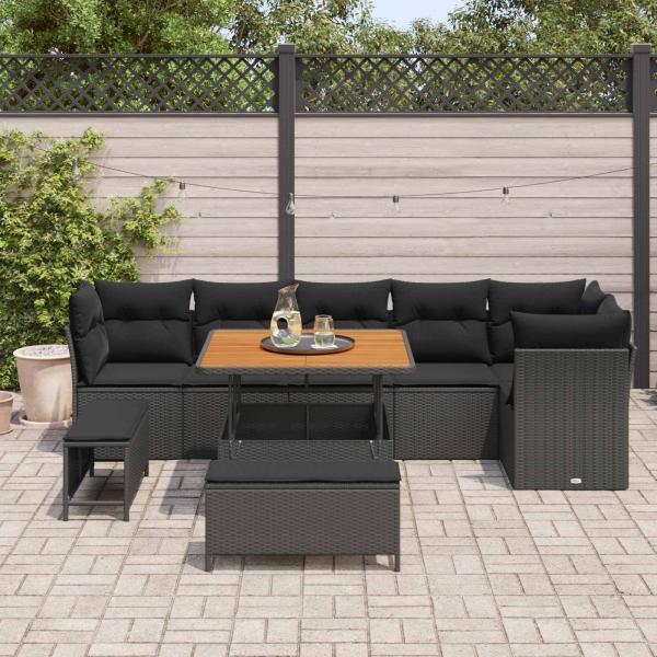 9-teiliges Garten Sofa Set mit Kissen Schwarz Poly Rattan Akazie, 3-teiliges Garten Esszimmer Set mit Kissen Schwarz Poly Rattan Akazie