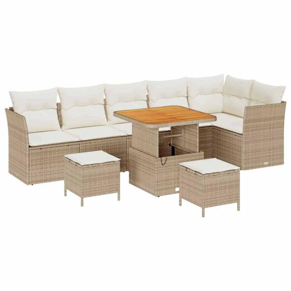 ARDEBO.de - 9-teiliges Garten Sofa Set mit Kissen Beige Poly Rattan Akazie, 3-teiliges Garten Esszimmer Set mit Kissen Beige Poly Rattan Akazie