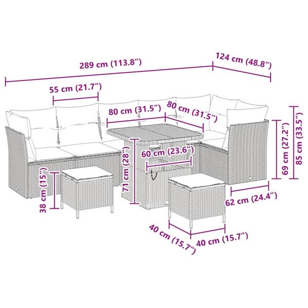 9-teiliges Garten Sofa Set mit Kissen Beige Poly Rattan Akazie, 3-teiliges Garten Esszimmer Set mit Kissen Beige Poly Rattan Akazie
