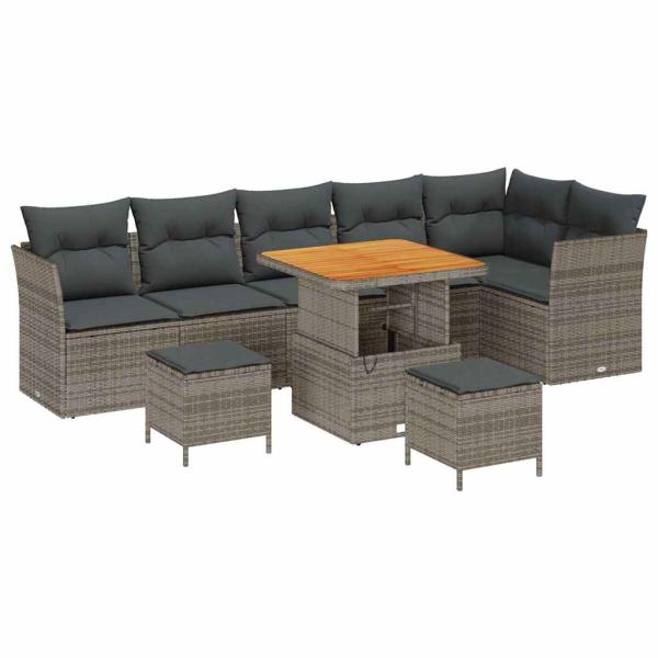 9-teiliges Garten Sofa Set mit Kissen Grau Poly Rattan Akazie, 3-teiliges Garten Essgruppe mit Kissen Grau Poly Rattan Akazie