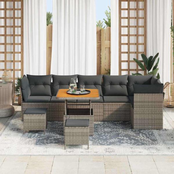 9-teiliges Garten Sofa Set mit Kissen Grau Poly Rattan Akazie, 3-teiliges Garten Essgruppe mit Kissen Grau Poly Rattan Akazie