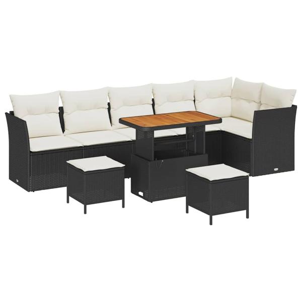 9-teiliges Garten Sofa Set mit Kissen Schwarz Poly Rattan Akazie, 3-teiliges Garten Ess-Set mit Kissen Schwarz Poly Rattan Akazie
