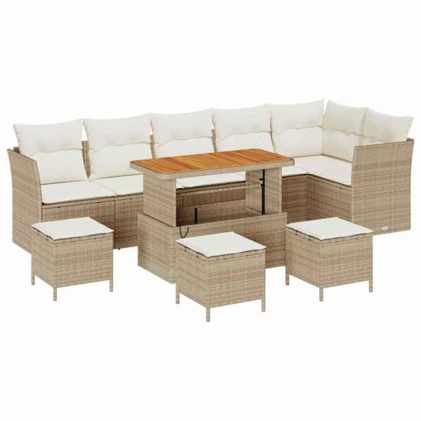 10-teiliges Garten Sofa Set mit Kissen Beige Poly Rattan Akazie, 4-teiliges Garten Ess-Set mit Kissen Beige Poly Rattan Akazie