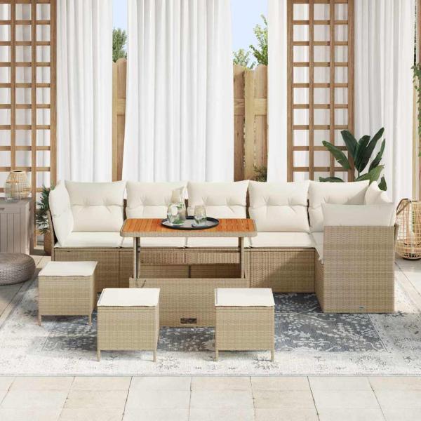 10-teiliges Garten Sofa Set mit Kissen Beige Poly Rattan Akazie, 4-teiliges Garten Ess-Set mit Kissen Beige Poly Rattan Akazie