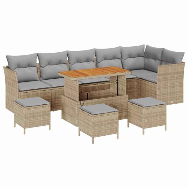 10-teiliges Garten-Sofa-Set mit Kissen Beige Poly Rattan Akazie, 4-teiliges Garten-Esszimmer Set mit Kissen Beige Poly Rattan Akazie