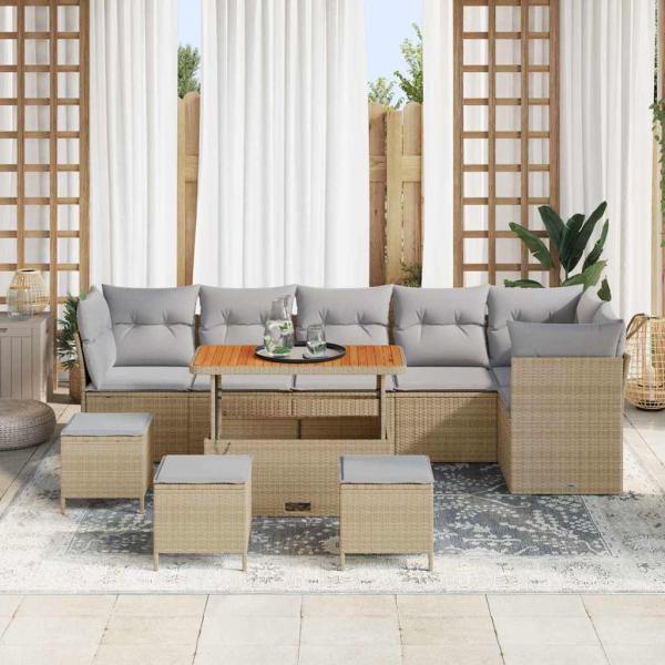 10-teiliges Garten-Sofa-Set mit Kissen Beige Poly Rattan Akazie, 4-teiliges Garten-Esszimmer Set mit Kissen Beige Poly Rattan Akazie