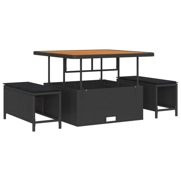 12-teiliges Garten Sofa Set mit Kissen Schwarz Poly Rattan Akazie, 3-teiliges Garten Esstisch Set mit Kissen Schwarz Poly Rattan Akazie