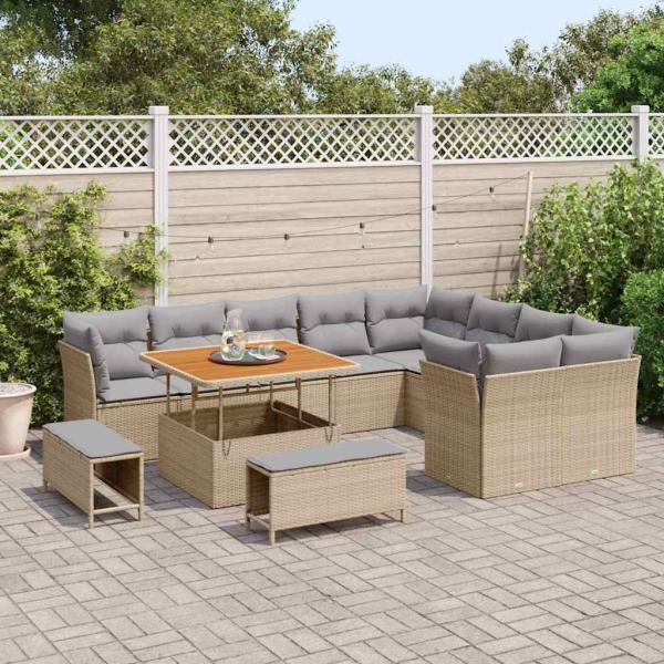 12-teiliges Garten Sofa Set mit Kissen Beige Poly Rattan Akazie, 3-teiliges Garten Ess-Set mit Kissen Beige Poly Rattan Akazie