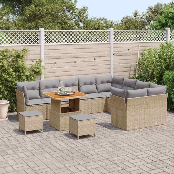 12-teiliges Garten-Sofa-Set mit Kissen Beige Poly Rattan Akazie, 3-teiliges Garten-Ess-Set mit Kissen Beige Poly Rattan Akazie