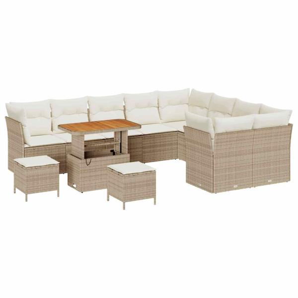 12-teilige Garten Sofagarnitur mit Kissen Beige Poly Rattan Akazie, 3-teilige Garten Esstischgarnitur mit Kissen Beige Poly Rattan Akazie
