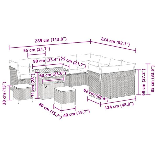 12-teilige Garten Sofagarnitur mit Kissen Beige Poly Rattan Akazie, 3-teilige Garten Esstischgarnitur mit Kissen Beige Poly Rattan Akazie