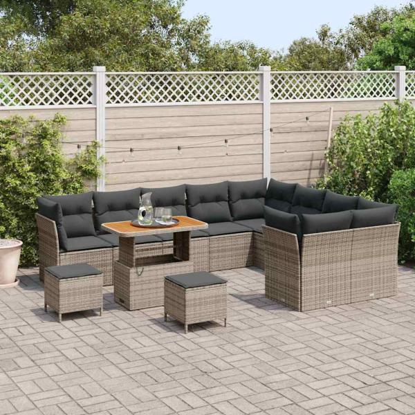12-teiliges Garten-Sofa-Set mit Kissen Grau Poly-Rattan Akazie, 3-teiliges Garten-Ess-Set mit Kissen Grau Poly-Rattan Akazie