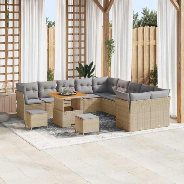 ARDEBO.de - 13-teiliges Garten Sofa Set mit Kissen Beige Poly Rattan Akazie, 3-teiliges Garten Esstisch Set mit Kissen Beige Poly Rattan Akazie