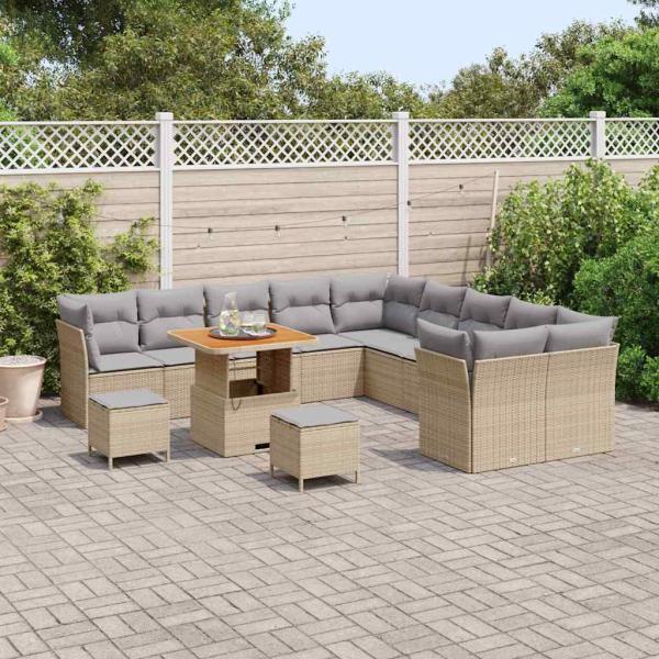 13-teiliges Garten Sofa Set mit Kissen Beige Poly Rattan Akazie, 3-teiliges Garten Esstisch Set mit Kissen Beige Poly Rattan Akazie