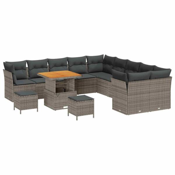 13-teilige Garten Sofa Set mit Kissen Grau Poly Rattan Akazie, 3-teiliges Garten Esstisch Set mit Kissen Grau Poly Rattan Akazie