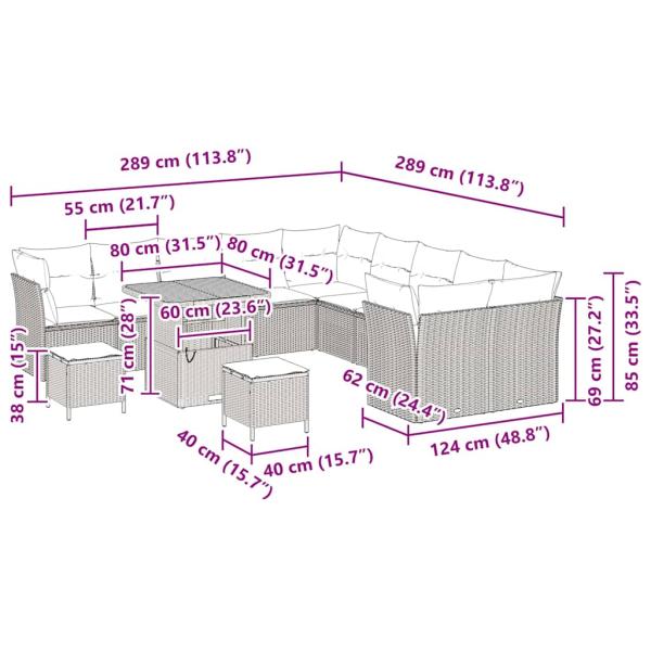 13-teilige Garten Sofa Set mit Kissen Grau Poly Rattan Akazie, 3-teiliges Garten Esstisch Set mit Kissen Grau Poly Rattan Akazie