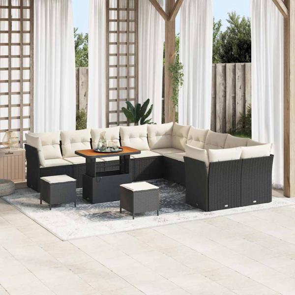 ARDEBO.de - 13 teiliges Garten Sofa Set mit Kissen Schwarz Poly Rattan Akazie, 3 teiliges Garten Esstisch Set mit Kissen Schwarz Poly Rattan Akazie