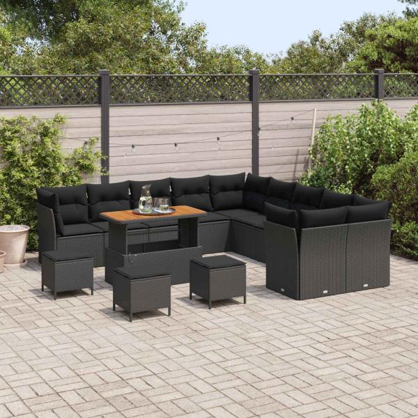 14-teiliges Garten Sofa Set mit Kissen Schwarz Poly Rattan Akazie, 4-teiliges Garten Esszimmer Set mit Kissen Schwarz Poly Rattan Akazie