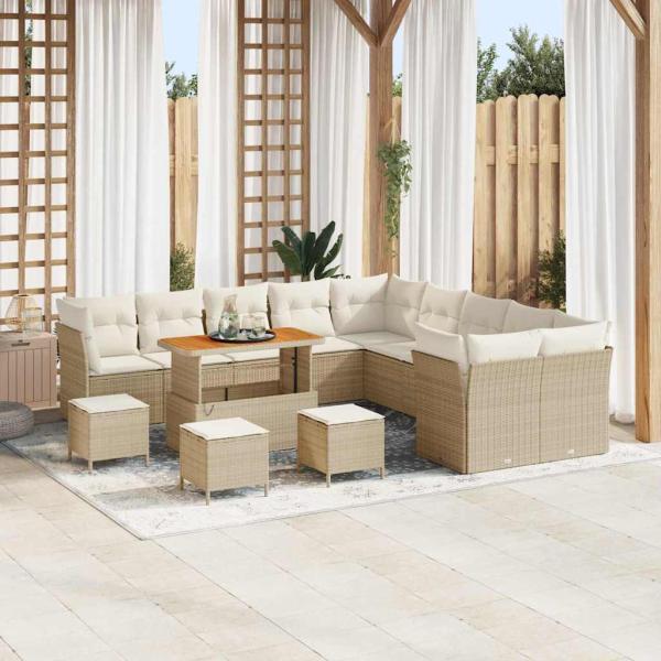ARDEBO.de - 14-teiliges Garten Sofa Set mit Kissen Beige Poly Rattan Akazie, 4-teiliges Garten Essset mit Kissen Beige Poly Rattan Akazie