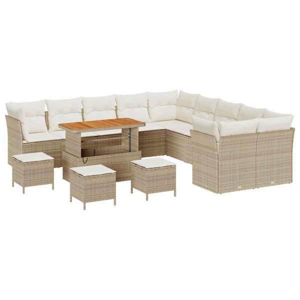 14-teiliges Garten Sofa Set mit Kissen Beige Poly Rattan Akazie, 4-teiliges Garten Essset mit Kissen Beige Poly Rattan Akazie