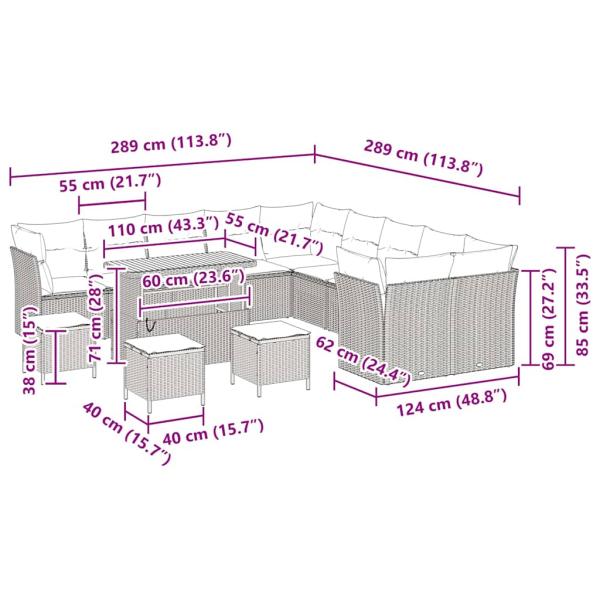 14-teiliges Garten Sofa Set mit Kissen Beige Poly Rattan Akazie, 4-teiliges Garten Essset mit Kissen Beige Poly Rattan Akazie