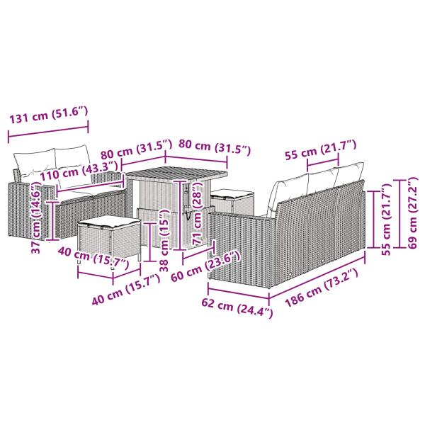 8-teiliges Garten Sofa Set mit Kissen Schwarz Poly Rattan Akazie, 3-teiliges Garten Essset mit Kissen Schwarz Poly Rattan Akazie