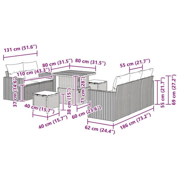 8-teiliges Garten Sofa Set mit Kissen Beige Poly Rattan Akazie, 3-teiliges Garten Esszimmer Set mit Kissen Beige Poly Rattan Akazie