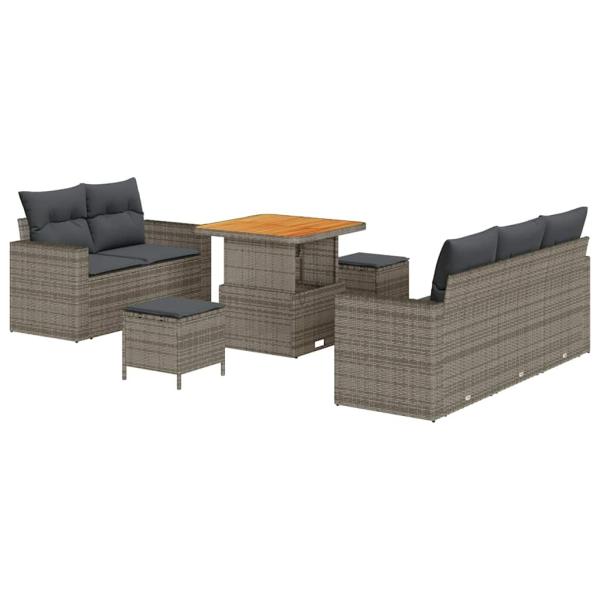 ARDEBO.de - 8-teiliges Garten Sofa Set mit Kissen Grau Poly Rattan Akazie, 3-teiliges Garten Essenset mit Kissen Grau Poly Rattan Akazie