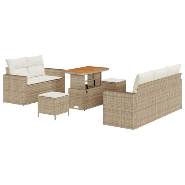 8-teiliges Garten Sofa Set mit Kissen Beige Poly Rattan Akazie, 3-teiliges Garten Esstisch Set mit Kissen Beige Poly Rattan Akazie