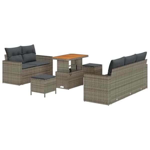 8-teiliges Garten Sofa Set mit Kissen Grau Poly Rattan Akazie, 3-teiliges Garten Esszimmer Set mit Kissen Grau Poly Rattan Akazie