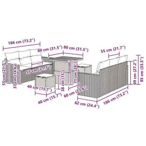 9-teiliges Garten-Sofa-Set mit Kissen Schwarz Poly-Rattan Akazie, 3-teiliges Garten-Dining-Set mit Kissen Schwarz Poly-Rattan Akazie