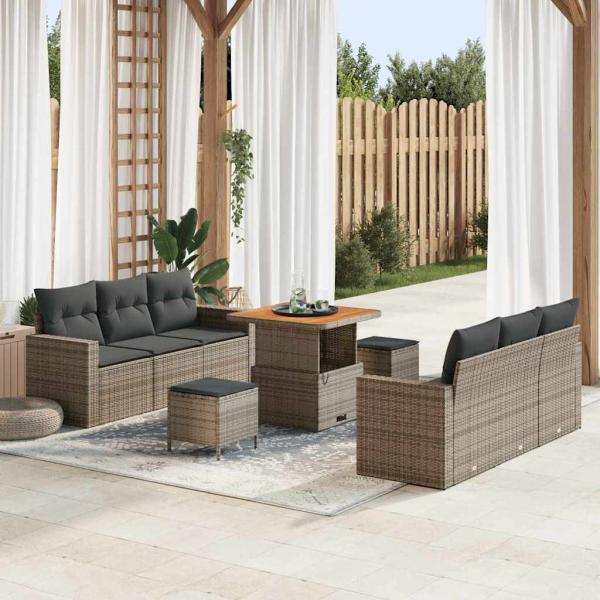 ARDEBO.de - 9-teiliges Garten Sofa Set mit Kissen Grau Poly Rattan Akazie, 3-teiliges Garten Ess Set mit Kissen Grau Poly Rattan Akazie
