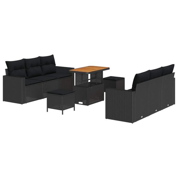 9-teiliges Garten Sofa Set mit Kissen Schwarz Poly Rattan Akazie, 3-teiliges Garten Essset mit Kissen Schwarz Poly Rattan Akazie